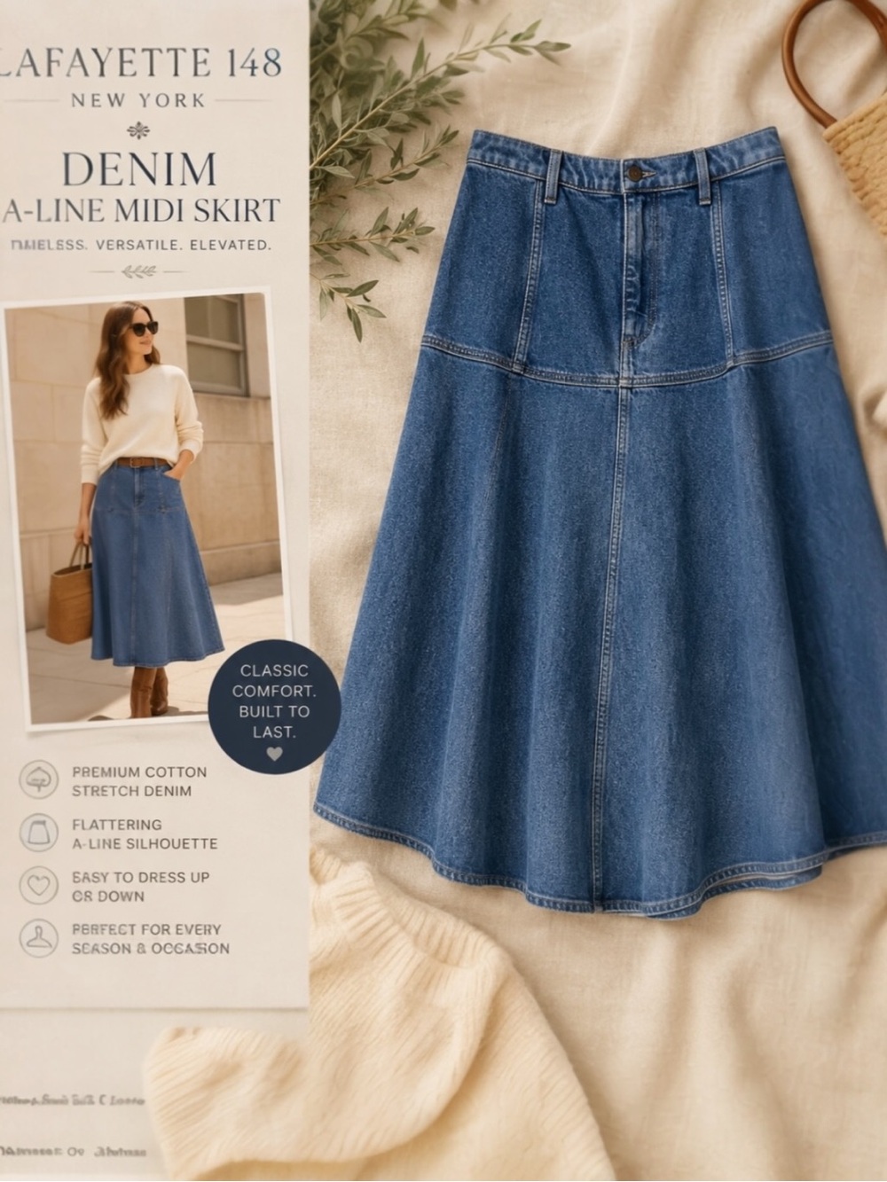 Lafayette 148 New York Denim A-Line Maxi Skirt Flared Blue Wash Minimalist Boho